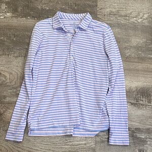 Renwick Women’s Medium Striped Long Sleeve Polo- Blue and White 100% Pima Cotton